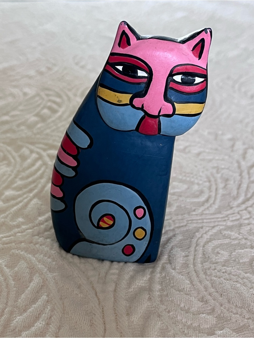 1980's Laurel Burch Carved Wooden Cat Sculpture 4” Blue Southwestern Folk Art